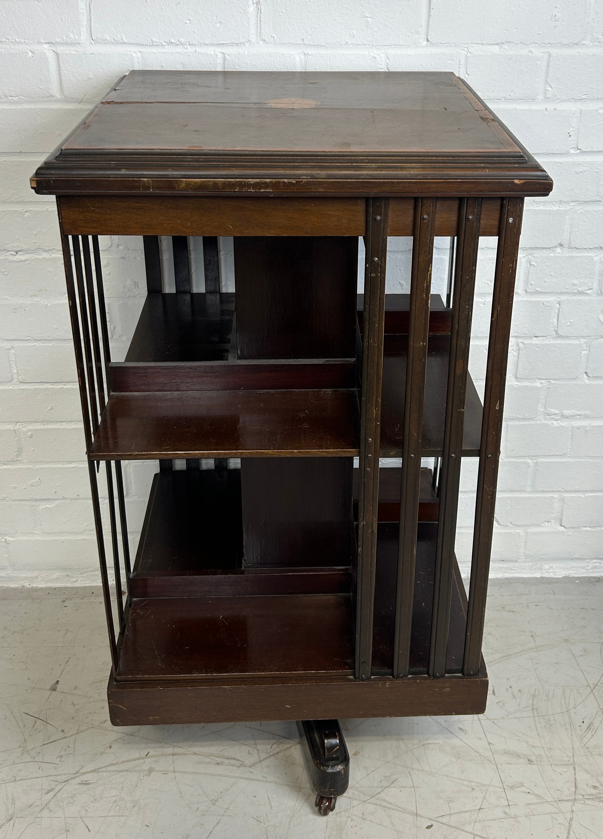 AN EDWARDIAN MAHOGANY TWO TIER REVOLVING BOOKCASE, 84cm x 60cm x 60cm - Image 4 of 4