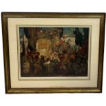 SIR FRANK BRANWYN (BRITISH, 1867-1956): A SIGNED LITHOGRAPH DEPICTING A WEDDING, 65cm x 50cm