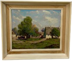 AN OIL ON CANVAS PAINTING OF A RURAL SCENE WITH FIGURES AND HORSES, 29cm x 24cm Mounted in a a frame