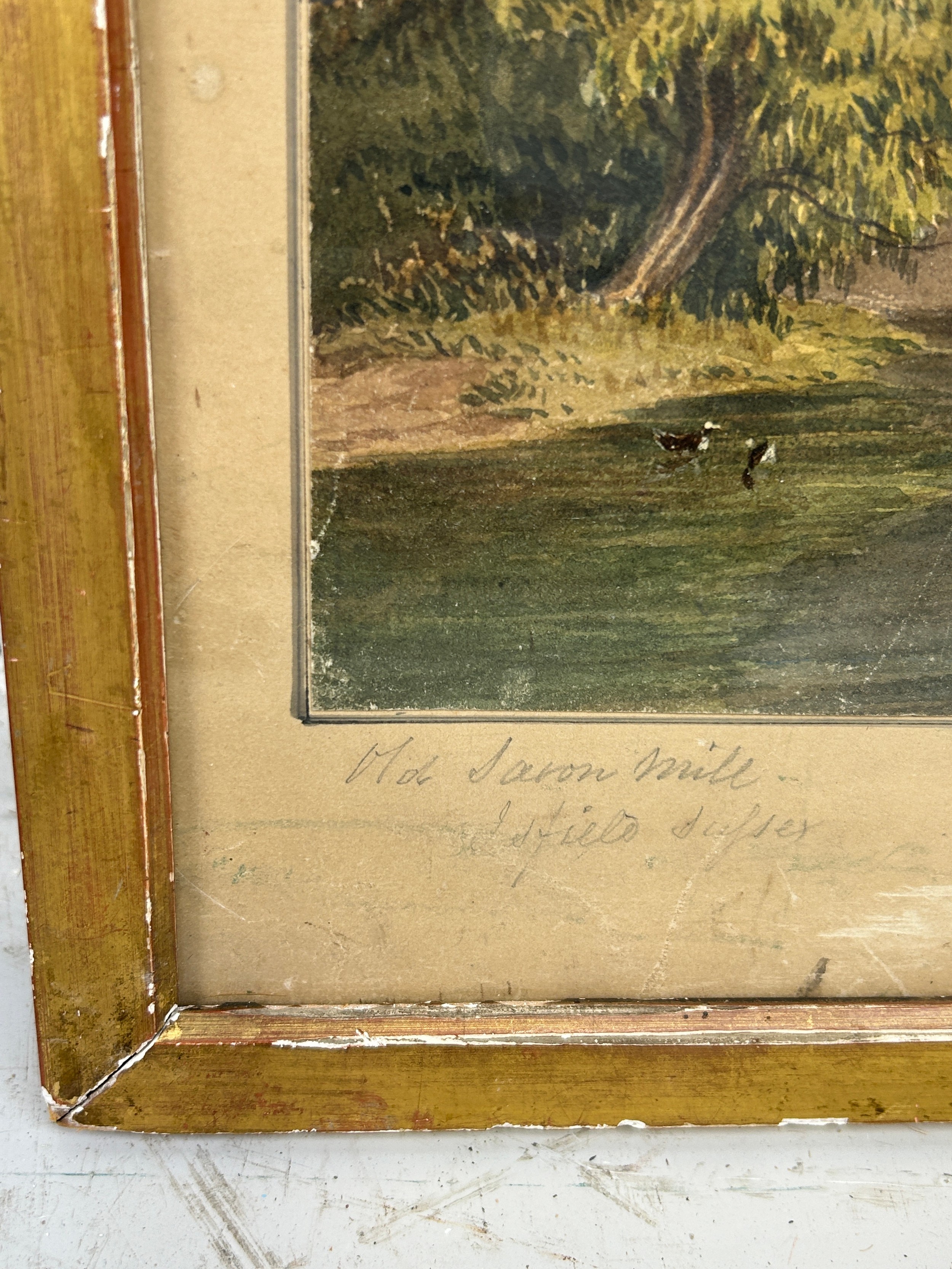 A 19TH CENTURY WATERCOLOUR PAINTING ON PAPER DEPICTING A VIEW OF A MILL IN A STREAM, Inscribed. 33cm - Image 3 of 3