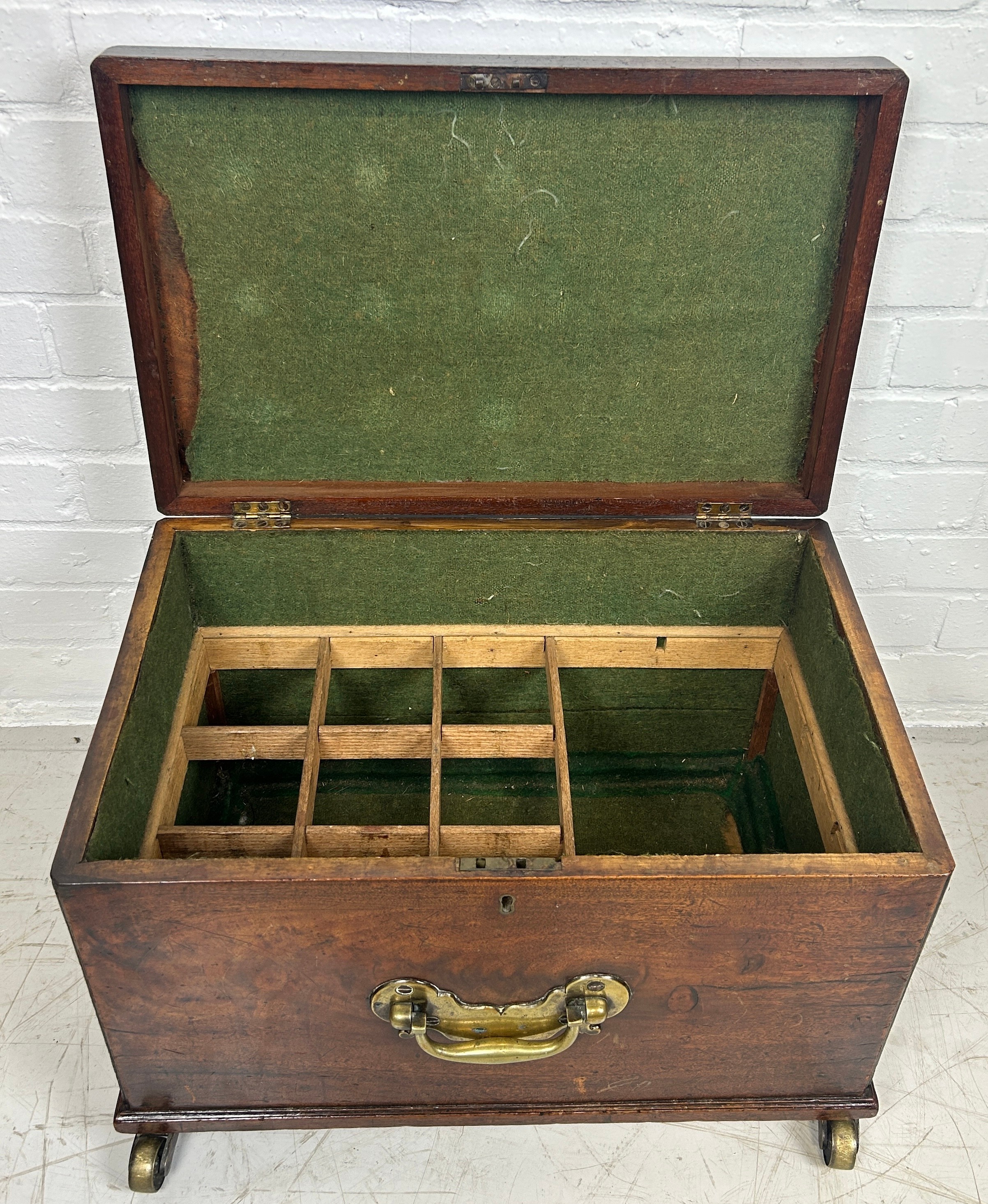 A GEORGE III MAHOGANY CELLARETTE, With fitted interior, brass handles and brass castors. 54cm x 38cm - Image 4 of 4