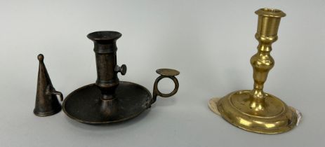 TWO CANDLESTICKS ONE BRASS WITH LABEL 'DUTCH CIRCA 1700', Brass: 13cm H