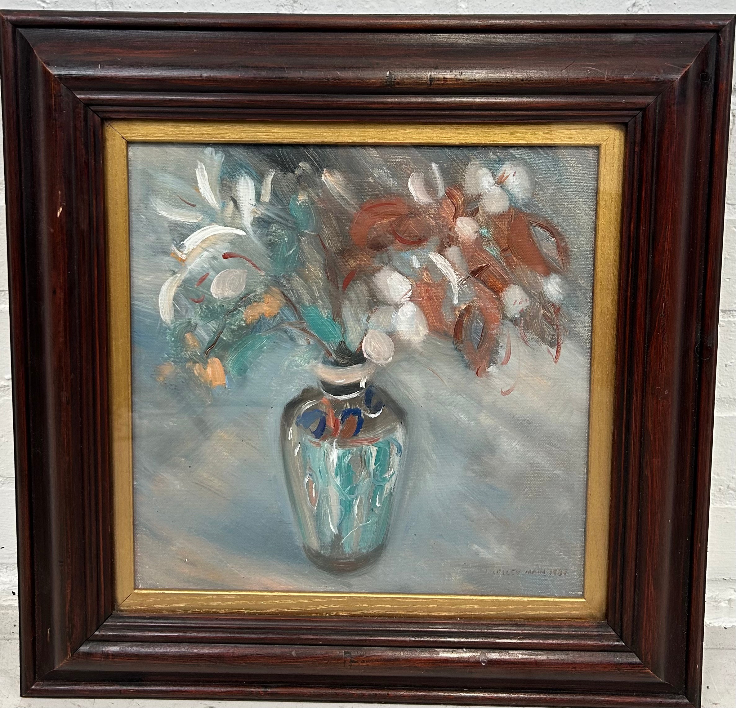 AN OIL ON CANVAS PAINTING DEPICTING VASE WITH FLOWERS, Signed indistinctly 'Main 1987' 29cm x 29cm