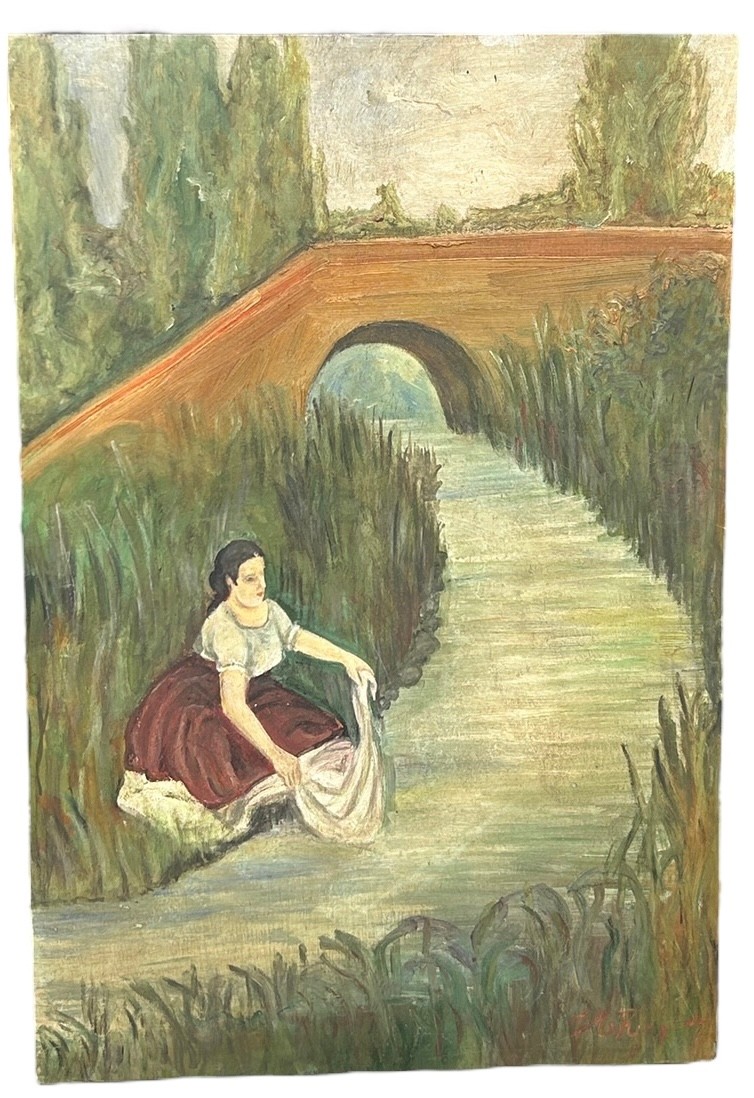 SOUTH AMERICAN SCHOOL: AN OIL ON BOARD PAINTING DEPICTING A LADY WASHING CLOTHES BESIDE A RIVER,