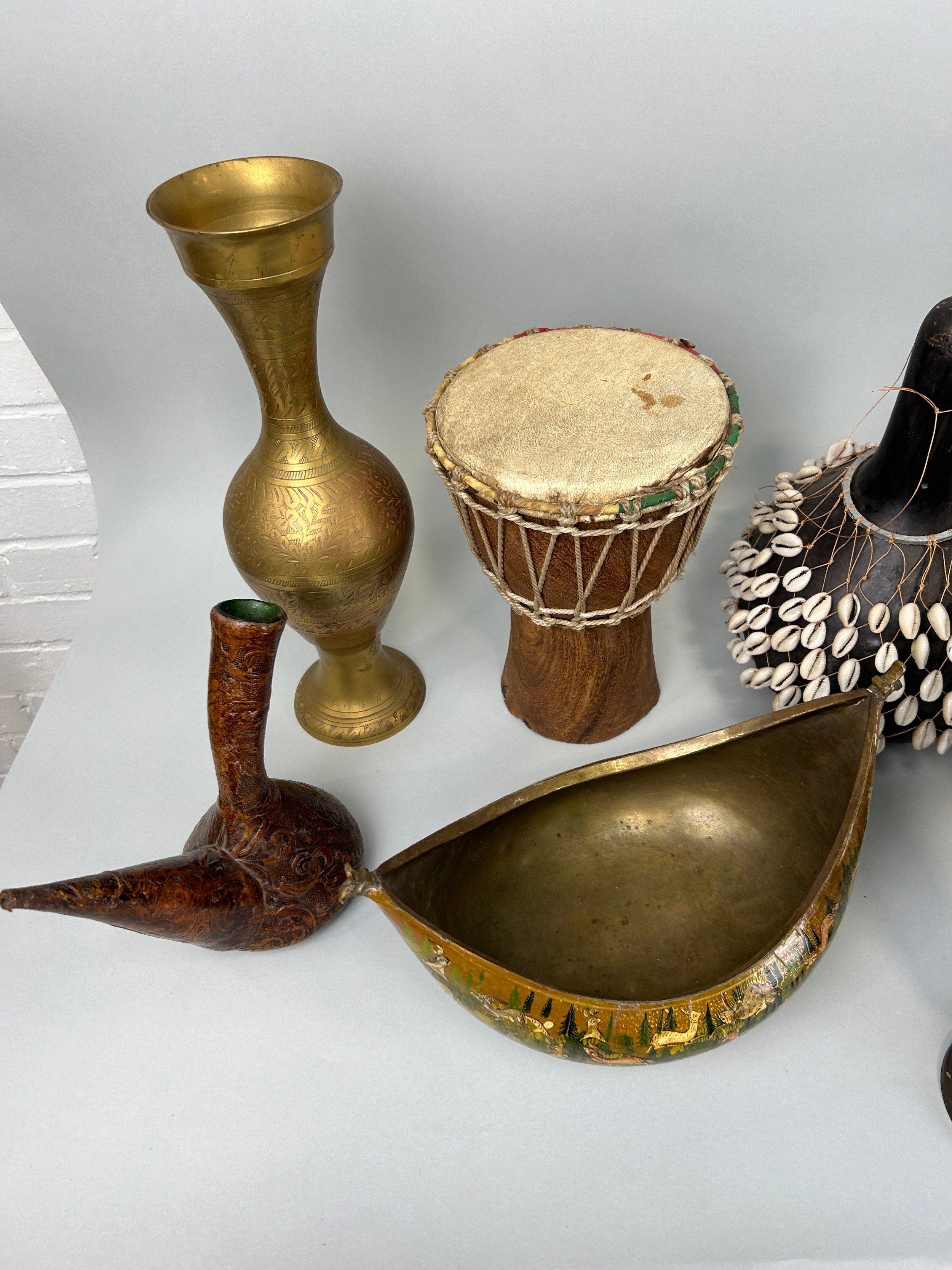 A COLLECTION OF AFRICAN, INDIAN ITEMS (QTY), To include a ceramic pharmacy jar, instruments, - Image 4 of 5