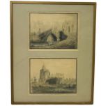 AN EARLY 19TH CENTURY PENCIL DRAWING AND WATERCOLOUR PAINTING VIEW OF CROWLAND ABBEY AND CROWLAND