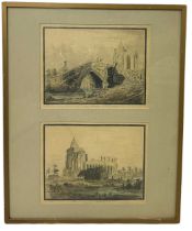 AN EARLY 19TH CENTURY PENCIL DRAWING AND WATERCOLOUR PAINTING VIEW OF CROWLAND ABBEY AND CROWLAND