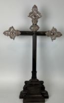 A LARGE WOODEN CROSS POSSIBLY 19TH CENTURY WITH FOREIGN SILVER MOUNTS, 75cm x 46cm