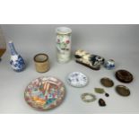 CHINESE CERAMICS AND JADES TO INCLUDE A BLUE AND WHITE SANSKRIT DISH, VASE, PILLOW (13) Tallest vase