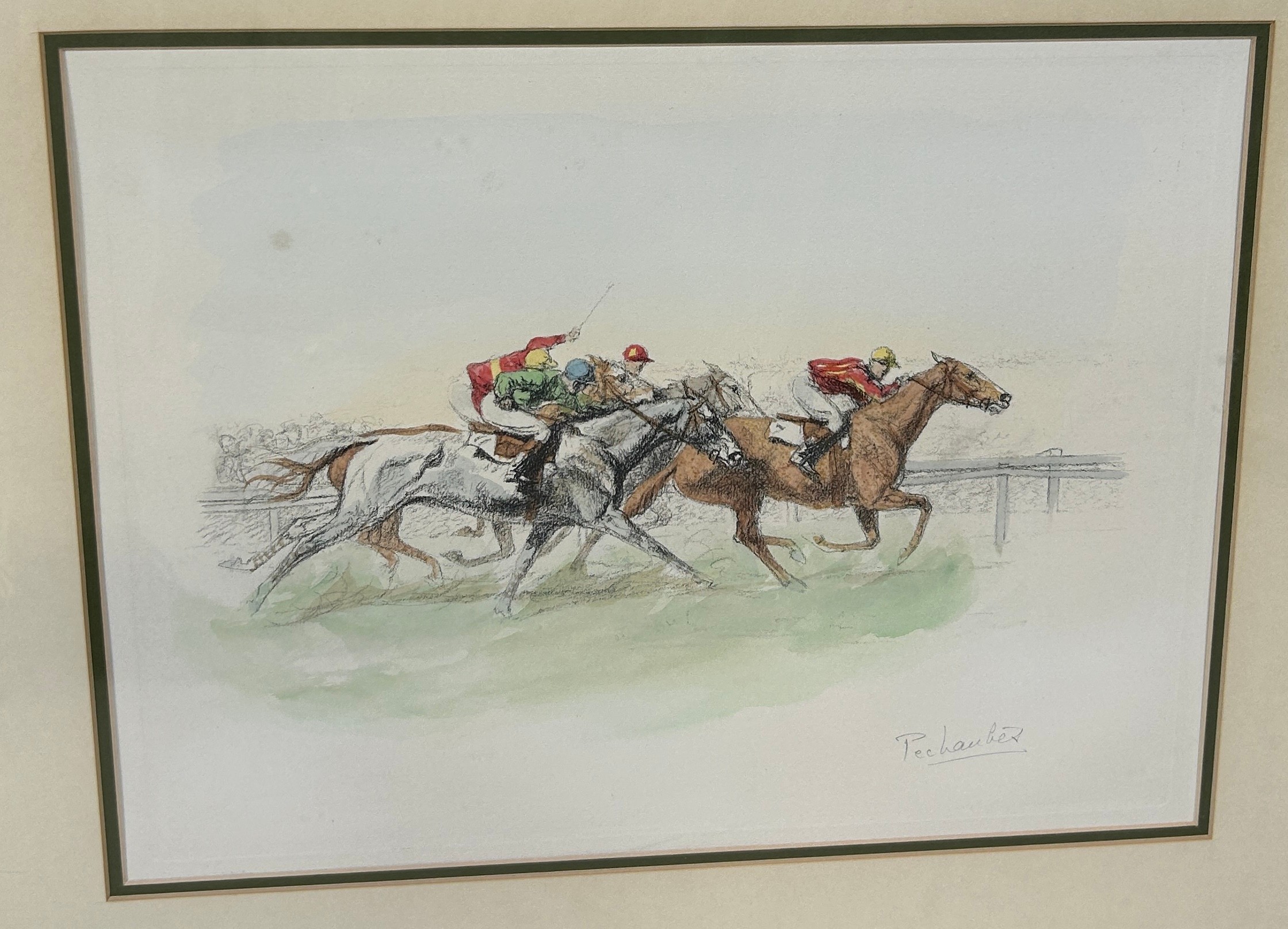 EUGENE PECHAUBES (FRENCH 1890-1967): A PAIR OF HAND COLOURED ENGRAVINGS DEPICTING HORSE RACES, - Image 3 of 4