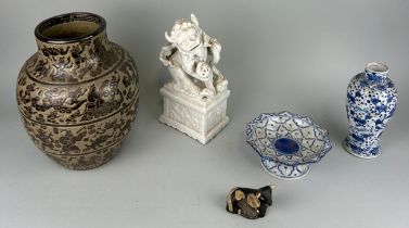 A MIXED COLLECTION OF CHINESE ANTIQUES, To include blanc de chine foo dog, blue and white vase, stem