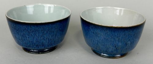 A PAIR OF CHINESE BLUE GLAZED BOWLS, Yongzheng mark to verso and of the period. 8cm x 5cm each.