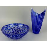 A COBALT BLUE CUT CRYSTAL BOWL AND A CAESAR CRYSTAL MIKADO VASE, Bowl 25cm x 9cm Vase 28cm H