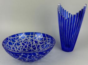 A COBALT BLUE CUT CRYSTAL BOWL AND A CAESAR CRYSTAL MIKADO VASE, Bowl 25cm x 9cm Vase 28cm H