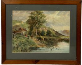 A WATERCOLOUR PAINTING ON PAPER DEPICTING A COUNTRYSIDE SCENE WITH FIGURES BY A LAKE, 40cm x 29cm