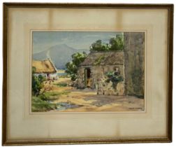 FRANK MURPHY: A WATERCOLOUR PAINTING ON PAPER DEPICTING VILLAGE SCENE, 37cm x 26cm Mounted in a