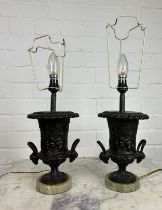 A PAIR OF BRONZE CLASSICAL DESIGN URN TABLE LAMPS, 32cm H each.