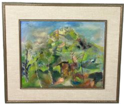 A LARGE OIL ON CANVAS PAINTING DEPICTING AN. ABSTRACT LANDSCAPE COMPOSITION, Signed indistinctly