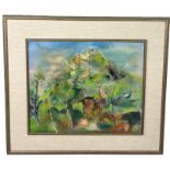 A LARGE OIL ON CANVAS PAINTING DEPICTING AN. ABSTRACT LANDSCAPE COMPOSITION, Signed indistinctly