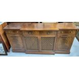 A REPRODUCTION BREAKFRONT SIDEBOARD WITH BRASS INLAY, 183cm x 46cm x 84cm