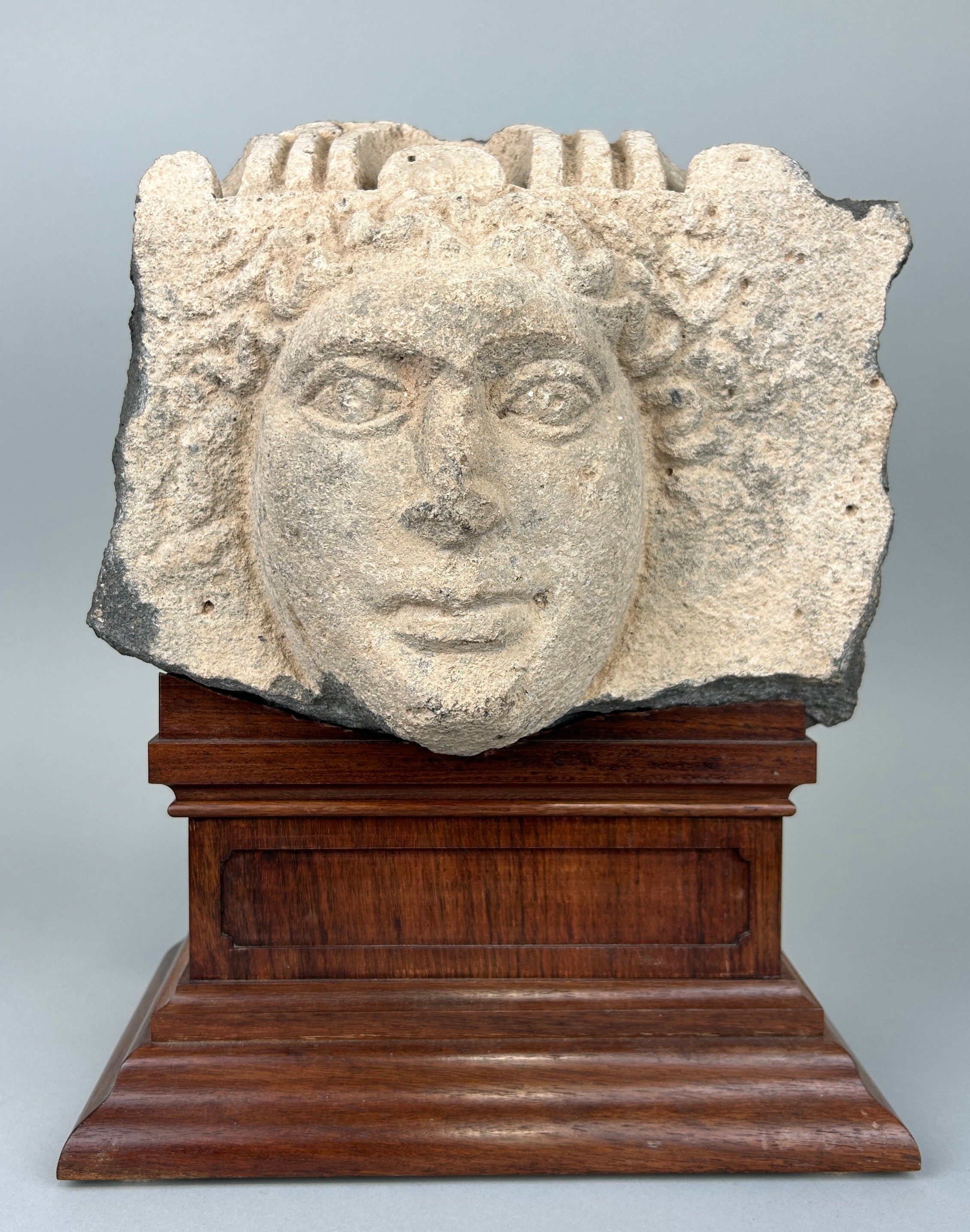 AN EAST ROMAN 'HAURAN' BASALT RELIEF FRAGMENT IN THE FORM OF A HUMAN HEAD CIRCA 2ND CENTURY A.D. The - Image 2 of 9
