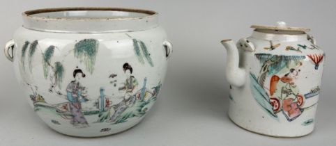 A CHINESE PORCELAIN POT WITH LUG HANDLES AND CALLIGRAPHY, ALONG WITH A CHINESE PORCELAIN TEAPOT
