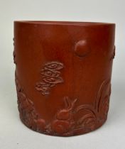 A CHINESE YIXING BITONG OR BRUSH POT, 14cm x 14cm