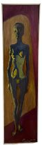 AN AFRICAN OIL ON CANVAS PAINTING DEPICTING A WOMAN, 84cm x 20cm Framed.