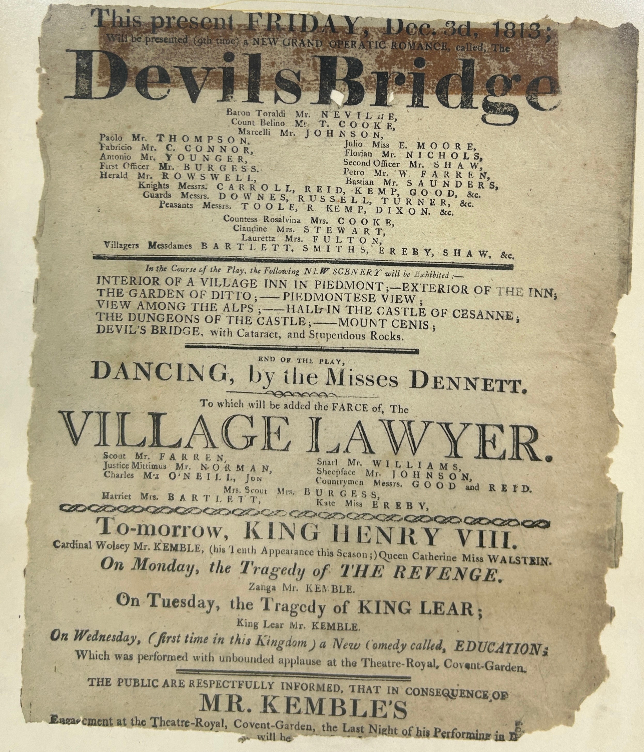 THEATRE INTEREST: A 19TH CENTURY THEATRE ADVERT 'DEVILS BRIDGE', 28cm x 22cm Mounted in a frame - Image 2 of 2