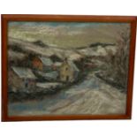 JOHN EDWARDS: A SIGNED CHALK DRAWING DEPICTING A VILLAGE SCENE IN THE SNOW, 50cm x 39cm Mounted in a