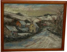 JOHN EDWARDS: A SIGNED CHALK DRAWING DEPICTING A VILLAGE SCENE IN THE SNOW, 50cm x 39cm Mounted in a