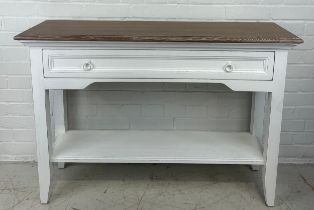 A WHITE PAINTED CONSOLE TABLE WITH LIMED TOP AND SINGLE DRAWER, 110cm x 75cm x 32cm