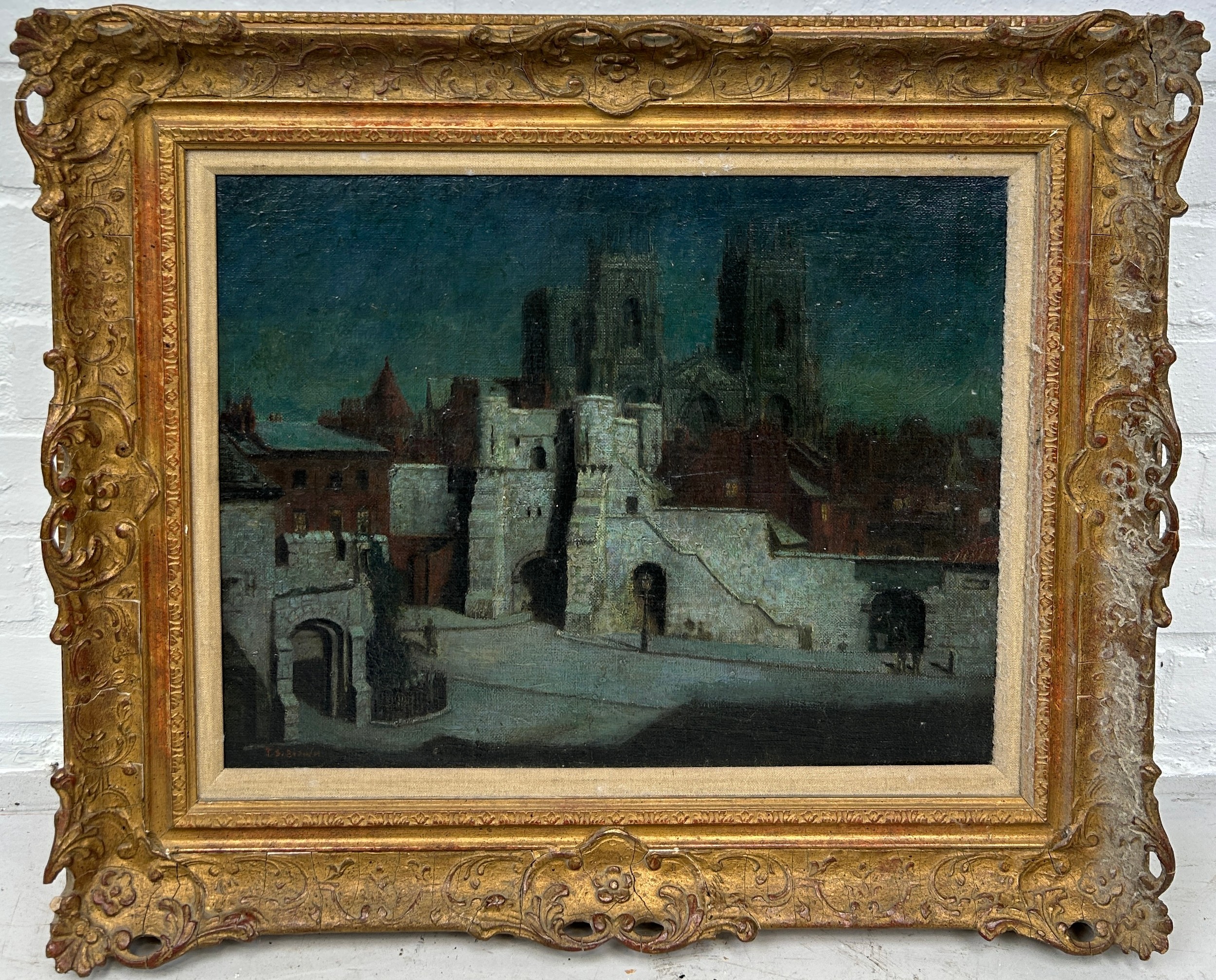 AN OIL ON CANVAS PAINTING DEPICTING A CATHEDRAL IN MOONLIGHT, Signed indistinctly. 44cm x 34cm