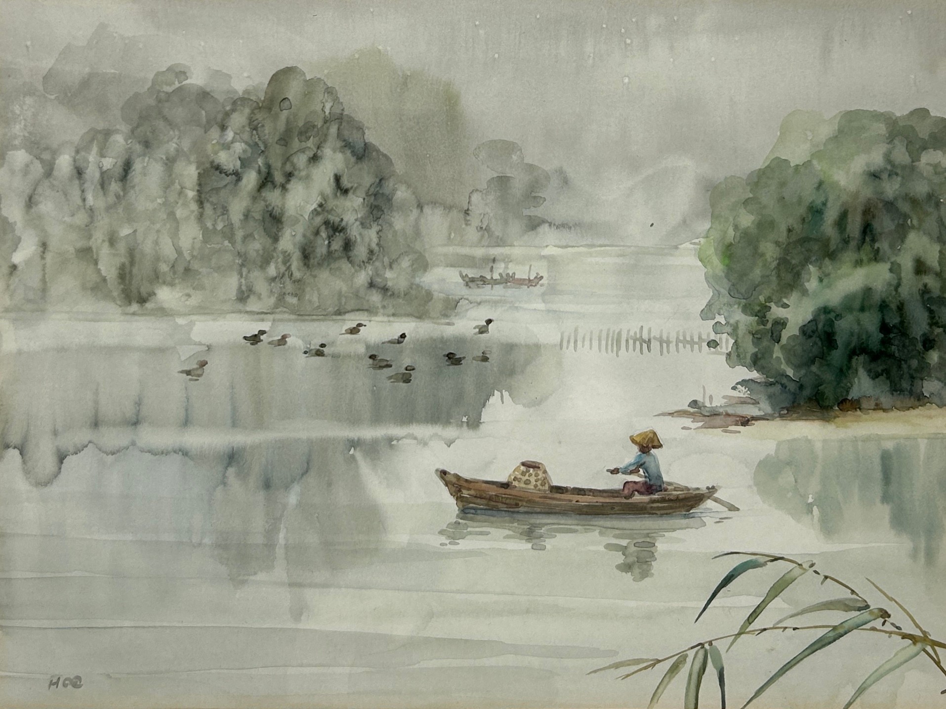 A PAIR OF WATERCOLOURS DEPICTING SOUTH EAST ASIAN VIEWS OF LAKE SCENES, SINGAPORE OR VIETNAM' (2), - Image 3 of 5