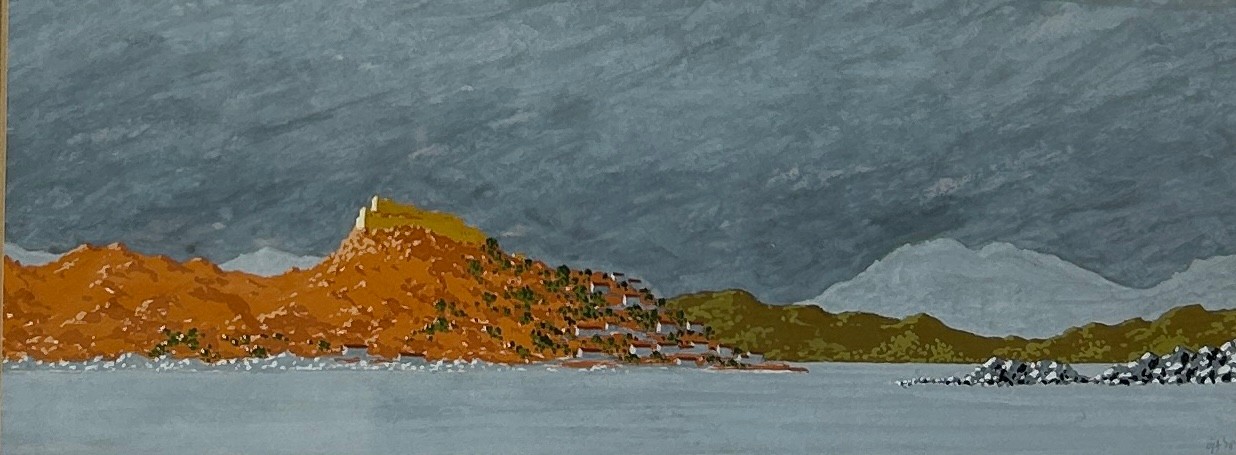 CONTINENTAL SCHOOL: A GOACHE ON PAPER 'SEASCAPE WITH CASTLE AND TOWN BY THE SHORE', 30cm x 12cm - Image 2 of 4