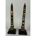 A PAIR OF EGYPTIAN REVIVAL OBELISKS WITH PIETRA DURA INSERTS, 33cm H each One with some damages to