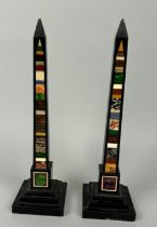 A PAIR OF EGYPTIAN REVIVAL OBELISKS WITH PIETRA DURA INSERTS, 33cm H each One with some damages to