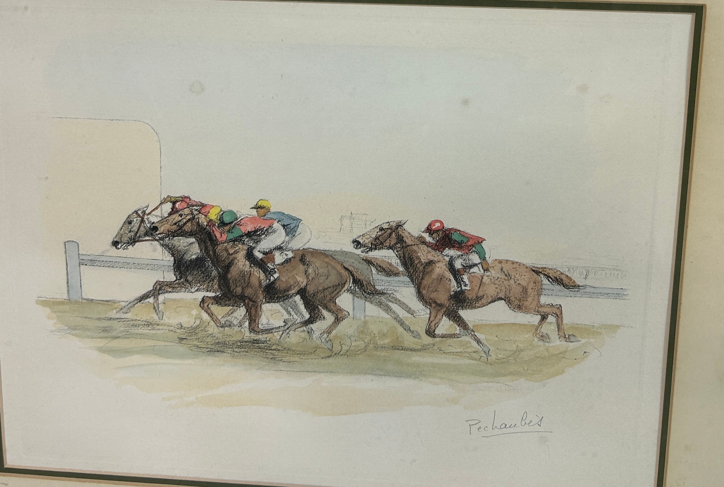 EUGENE PECHAUBES (FRENCH 1890-1967): A PAIR OF HAND COLOURED ENGRAVINGS DEPICTING HORSE RACES, - Image 2 of 4