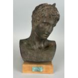 AFTER THE ANTIQUE: A CLASSICAL STYLE FAUX BRONZE PLASTER BUST OF A MAN'S HEAD, 25cm H 29.5cm