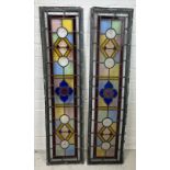 A PAIR OF STAINED GLASS PANELS FROM A LOCAL WIMBLEDON PROPERTY, 100cm x 25cm each.