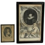 AN 18TH CENTURY ENGRAVING DEPICTING LORD CHANCELLOR FRANCIS BACON VISCOUNT ST. ALBANS, 40cm x 24cm