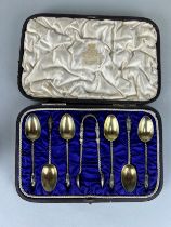 A SET OF SIX SILVER SPOONS WITH SUGAR TONGS HOUSED IN AN ELKINGTON AND CO BOX, Weight: 70gms