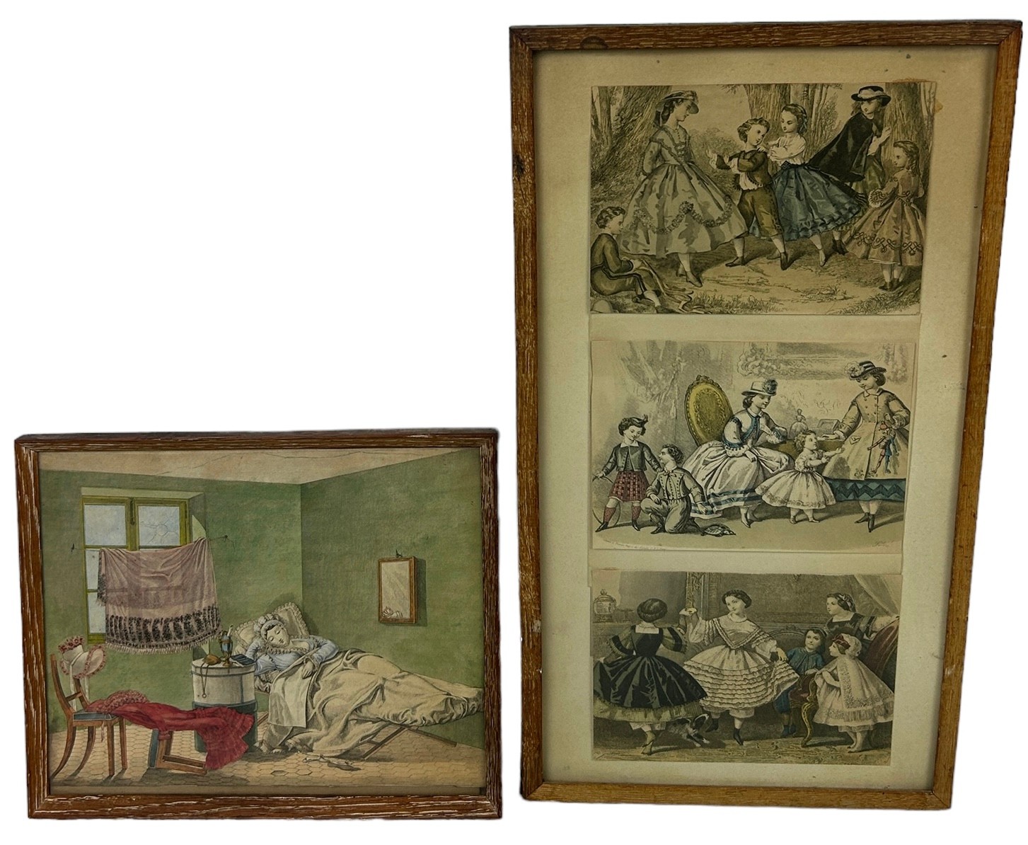 FOUR HAND COLOURED ENGRAVINGS, Three in one frame (44cm x 24cm) One in the another frame (27cm x