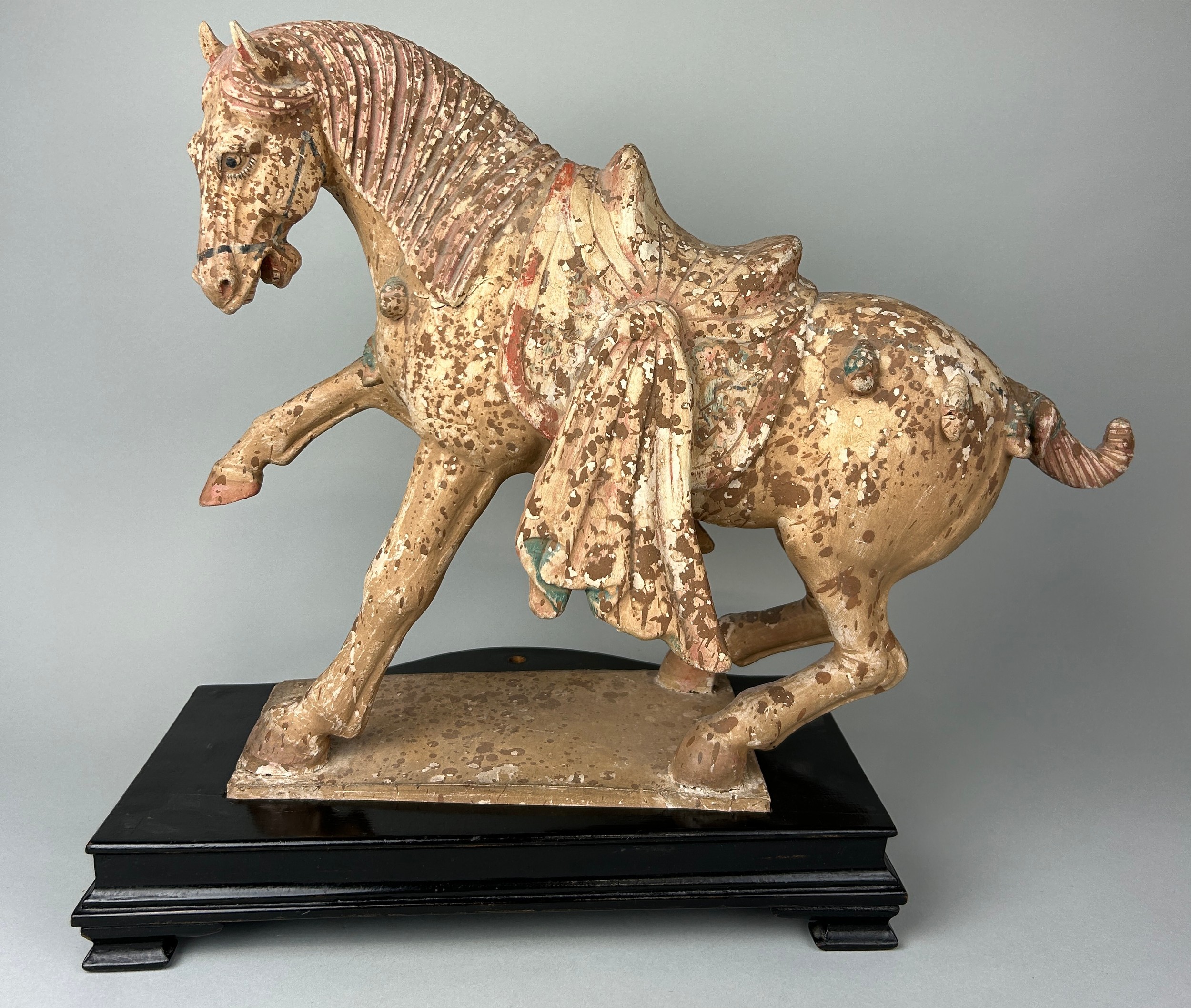 A CHINESE TANG STYLE TERRACOTTA HORSE WITH TRACES OF PIGMENT, 48cm x 38cm x 14cm Sitting on a wooden - Image 3 of 10