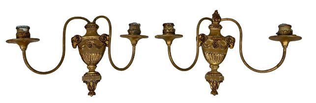 A PAIR OF CLASSICAL WALL SCONCES WITH GOATS HEAD MOTIFS, 40cm x 25cm each.