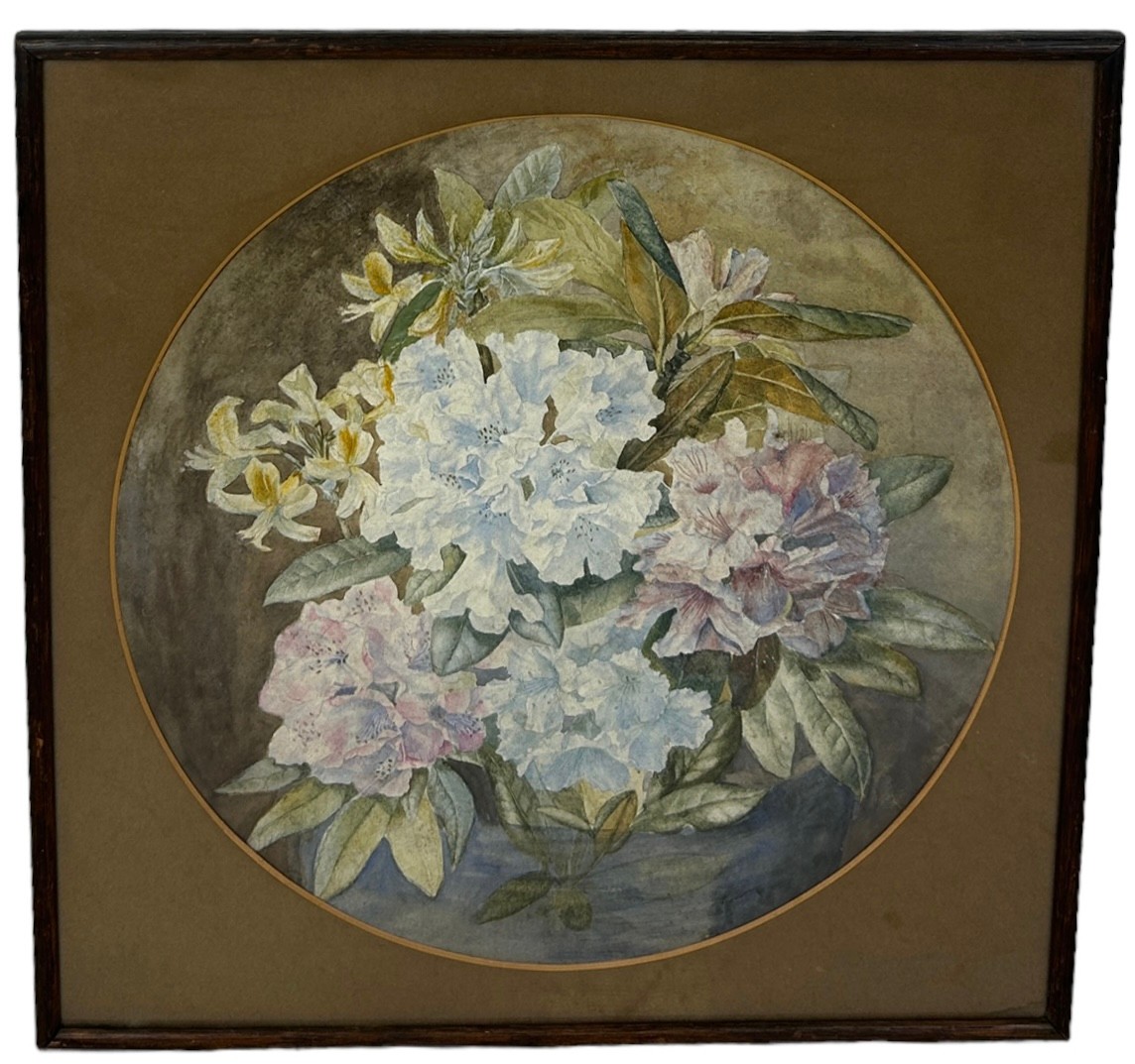 A WATERCOLOUR PAINTING ON PAPER DEPICTING FLOWERS, 42cm x 42cm In circular mount, framed and glazed.