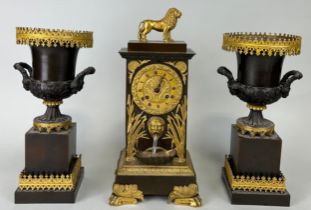 A FRENCH BRONZE CLOCK GARNITURE MARKED FOR DELAUNAY PARIS (3) Consisting of the clock with gilt