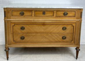 A 19TH CENTURY FRENCH COMMODE WITH WHITE MARBLE TOP, Three short drawers over two long drawers,