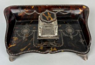A 19TH CENTURY TORTOISESHELL AND SILVER MOUNTED INKWELL MARKED FOR WILLIAM COMYNS AND SONS, 23cm x