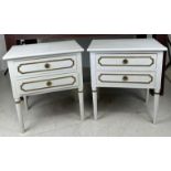 A PAIR OF WHITE BEDSIDE TABLES WITH GILT DECORATION AND TWO DRAWERS, 60cm x 54cm x 38cm